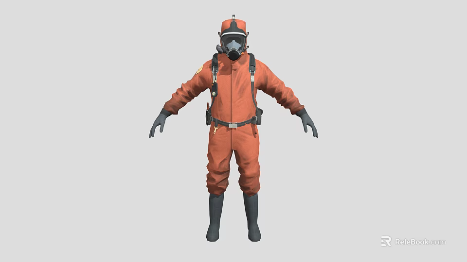 Man in Orange Protective Suit With Gas Mask Harness and Safety Gear 3d model 