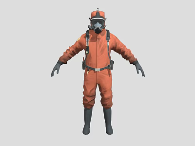 Man in Orange Protective Suit With Gas Mask Harness and Safety Gear 3d model