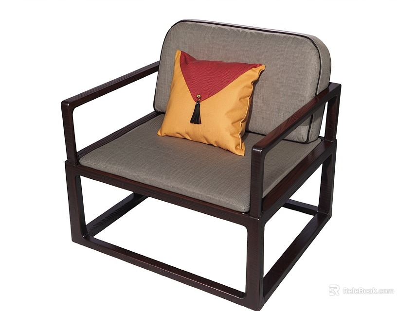 Sofa Stool Featuring Gray Fabric Seat Wooden Frame And Yellow Red Cushion Tassel 3d model 