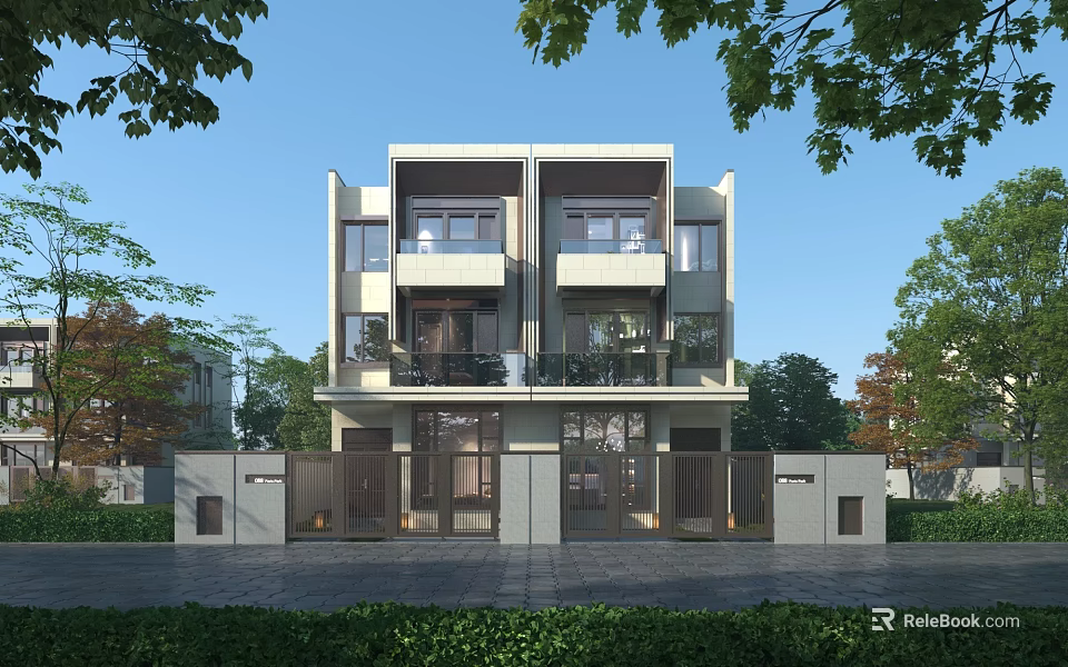 Modern Duplex Villa Exterior Design With Two Story Structure And Surrounding Greenery 3d model 