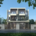 Modern Duplex Villa Exterior Design With Two Story Structure And Surrounding Greenery