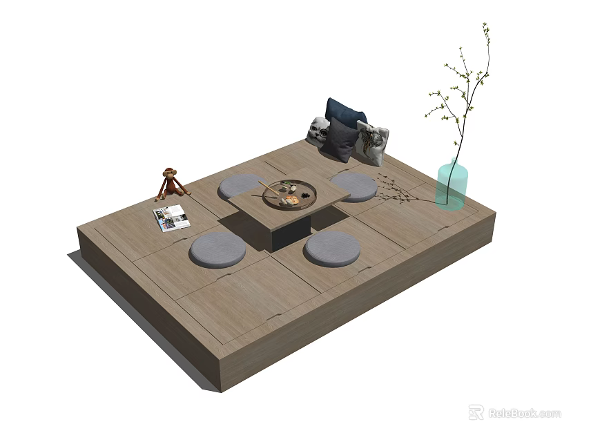 Cozy Wooden Platform Leisure Space With Round Cushions Tea Table And Vase 3d model 