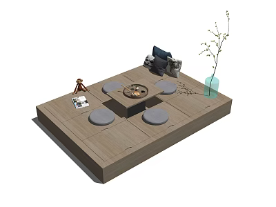 Cozy Wooden Platform Leisure Space With Round Cushions Tea Table And Vase 3d model