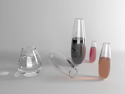 Wine Glasses and Bottles in Various Shapes with Colored Liquids on Gray Background 3d model