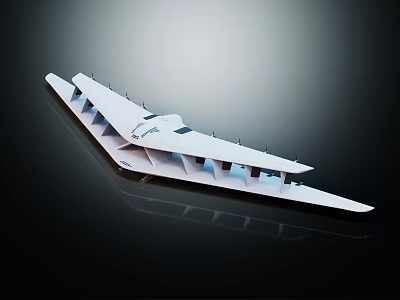 White Flying Vehicle Model Featuring Geometric Structure And Multiple Wings On Dark Background 3d model