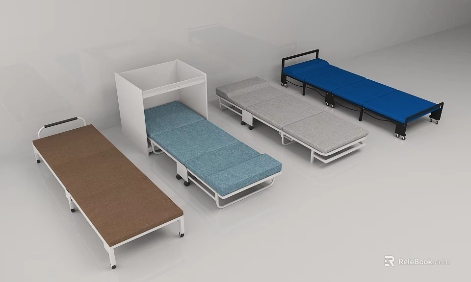 Portable Folding Beds With Blue Brown Gray Mattress And Wheels For Medical Use 3d model 