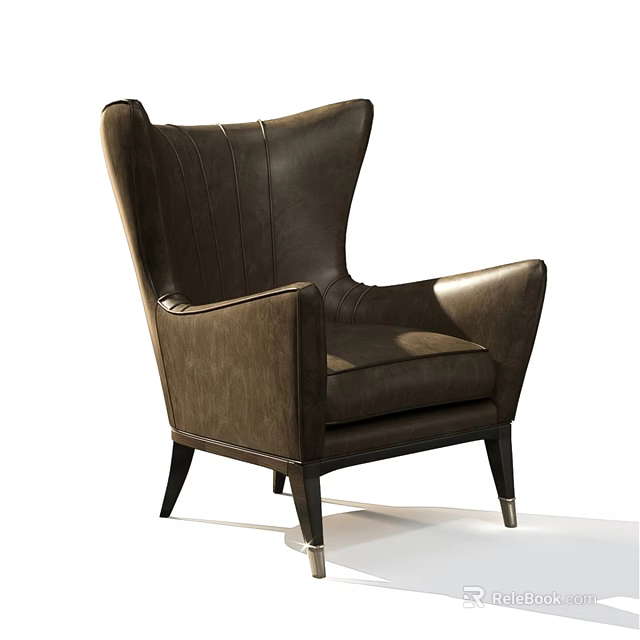 Dark Brown Leather Wingback Leisure Chair With Modern Classic Design And Wooden Legs 3d model 