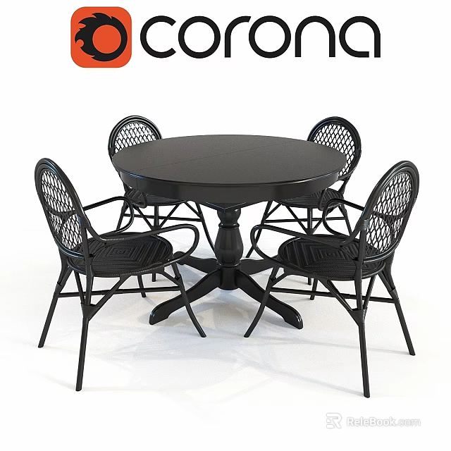 Outdoor Black Round Table and Chair Set With Woven Back Chairs 3d model 