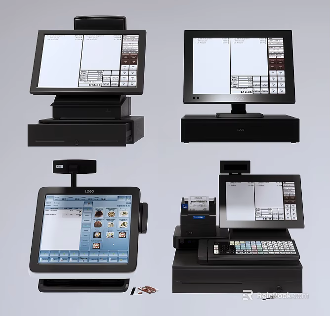 Modern Commercial POS Equipment Featuring Touchscreen Displays Keypads And Receipt Printers 3d model 