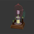 Vintage Light Bulb With Wooden Base Red Pillars Transparent Glass Metal Structure And Black Coil