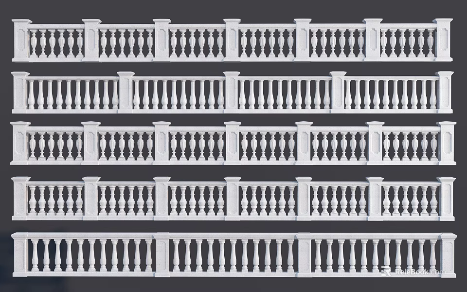 Various White Railing Designs With Ornate Panels And Decorative Posts 3d model