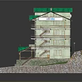 Cartoon Scene MultiStorey Building With Green Roof And Balconies Surrounded By Grass And Stone Pavement