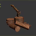 Wooden Axe Stuck In Wooden Stump With Stacked Logs And Firewood Pieces
