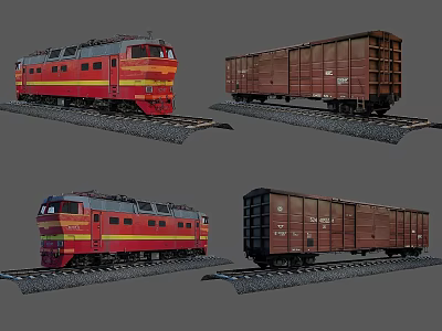 Red and Yellow Locomotive and Brown Freight Train on Railway Tracks 3d model