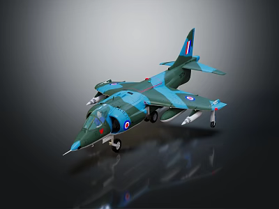 Military Aircraft Model With Blue Green Camouflage British Roundel On Tail And Weapons Under Wings 3d model