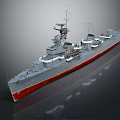 Naval Warship with Gray Hull Red Bottom Turrets Mast and Military Equipment on Deck