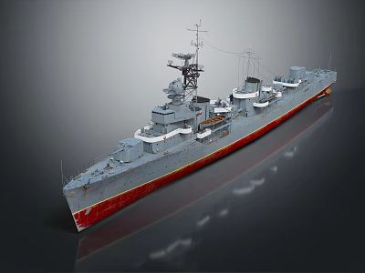 Naval Warship with Gray Hull Red Bottom Turrets Mast and Military Equipment on Deck 3d model