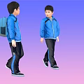 Men in Blue Jackets and Black Pants Carrying Backpacks Against Gradient Purple Pink Background