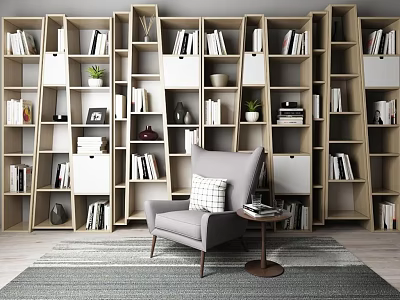 Stylish Modern Bookcase Interior With Open Shelves Books Decor Plants and Armchair 3d model