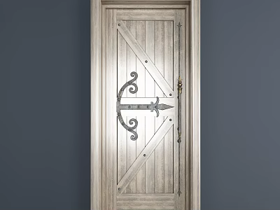 Rustic Wooden Hinged Door With Ornate Metal Hardware And Classic Design 3d model