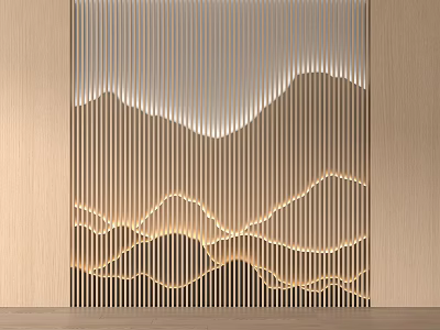 Modern Wooden Backdrop Wall With Wave Shaped Lines And Built In Lighting 3d model