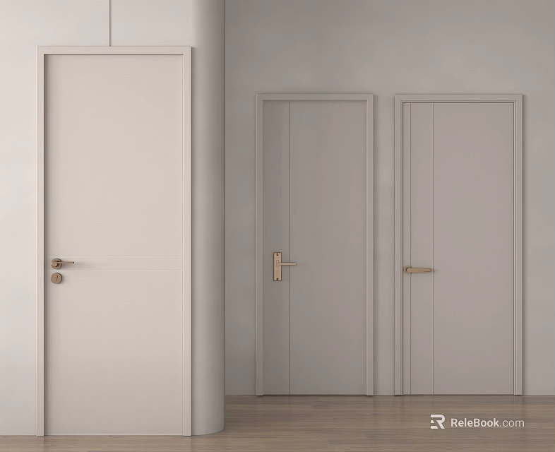 Modern Minimalist Interior Featuring Three Light Colored Hinged Doors With Metal Handles 3d model