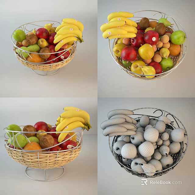 Fresh Mixed Fruits in Wicker Basket with Bananas Apples Oranges and Pears 3d model 