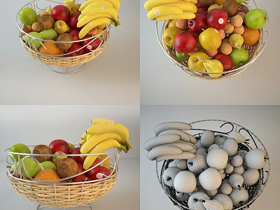 Fresh Mixed Fruits in Wicker Basket with Bananas Apples Oranges and Pears 3d model