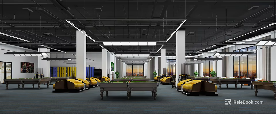 Spacious Modern Billiard Room Interior With Central Table Comfortable Seats Bright Lighting And City View 3d model 