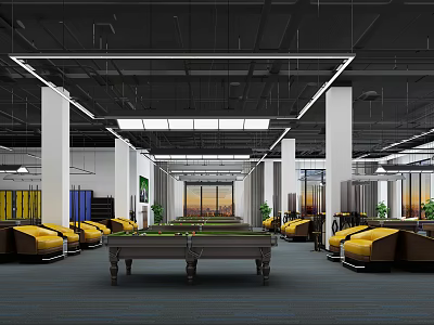 Spacious Modern Billiard Room Interior With Central Table Comfortable Seats Bright Lighting And City View 3d model