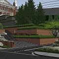 Landscape Garden Design with Red Brick Walls Steps Green Plants and Purple Flowers