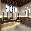 Public Restroom Design With Men's Urinals Stone Walls And Metal Partitions