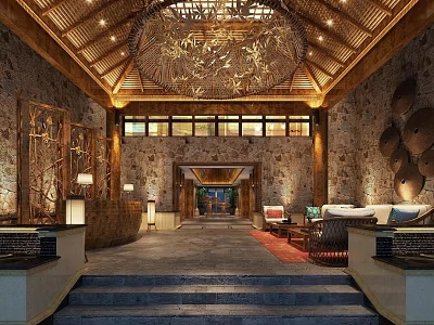 Elegant Hotel Lobby Interior With Wooden Ceiling Stone Walls Chandelier And Sofa Area Steps 3d model