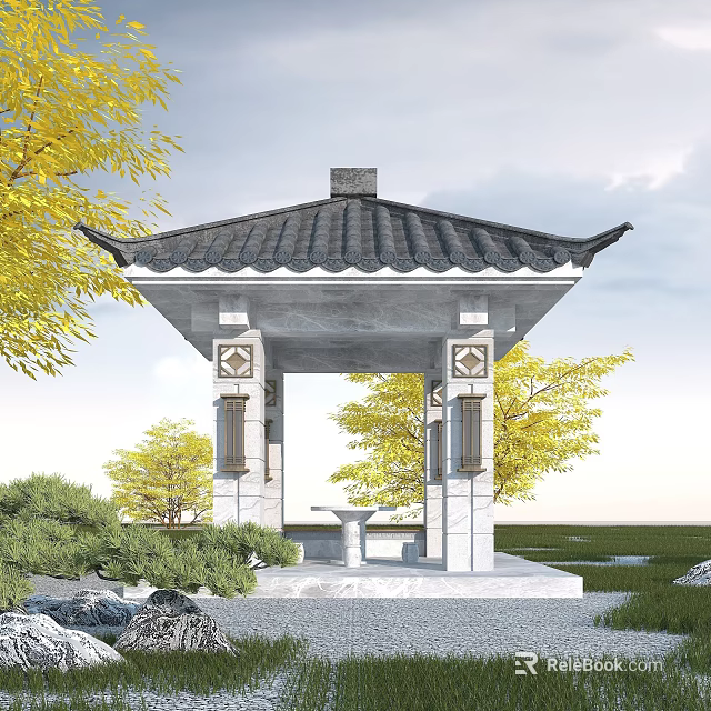 Chinese Style Garden Landscape Featuring Pavilion With Black Tiled Roof White Pillars And Yellow Trees 3d model 