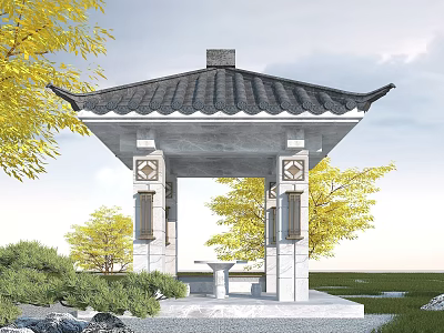 Chinese Style Garden Landscape Featuring Pavilion With Black Tiled Roof White Pillars And Yellow Trees 3d model