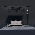 Outdoor Sofa With Beige Cushions And Umbrella Side Table On Rug