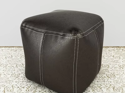 Black Leather Cube Shaped Ottoman With White Stitching On Patterned Rug 3d model