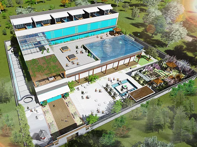 Modern Garden Landscape Featuring Building Pool Greenery And Outdoor Leisure Areas 3d model