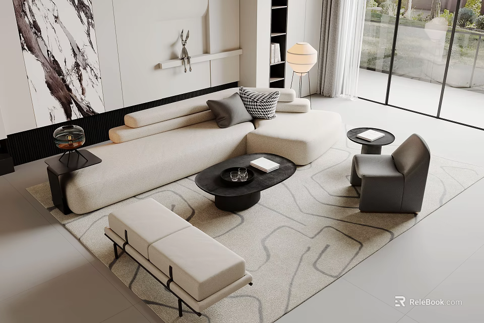 Modern Sofa and Coffee Table Set with Throw Pillows Armchair and Patterned Rug 3d model