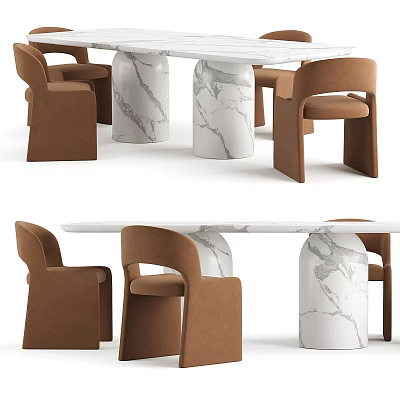 Modern Dining Table and Chair Set with Marble Tabletop and Brown Upholstered Chairs 3d model