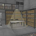 Warehouse Storage Space With Stacked Wooden Barrels Crates Sacks And Wooden Table