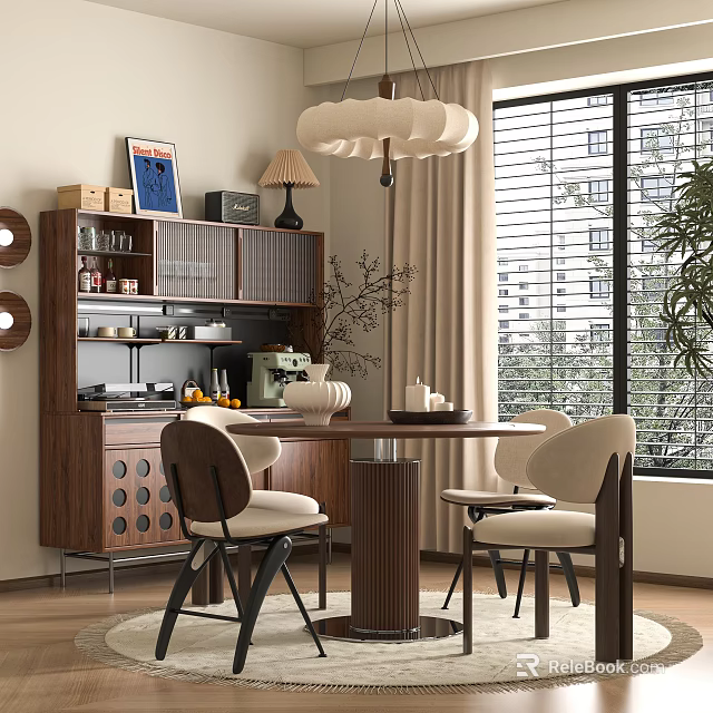 Modern Restaurant Interior With Wooden Dining Table Chairs Cabinet And Pendant Light 3d model 