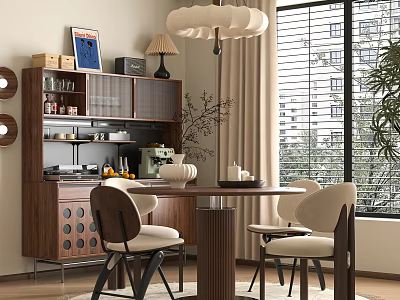 Modern Restaurant Interior With Wooden Dining Table Chairs Cabinet And Pendant Light 3d model
