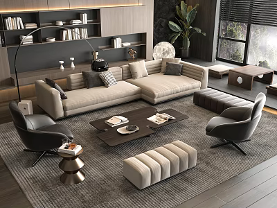 Modern Living Room Sofa Coffee Table Set With Armchairs Bookshelves And Rug 3d model