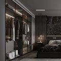 Modern Bedroom With Walk In Closet Dark Textured Wall And Floor To Ceiling Windows