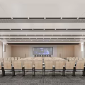 Modern Spacious Conference Room With Blue Seats Large Screen And Ceiling Design