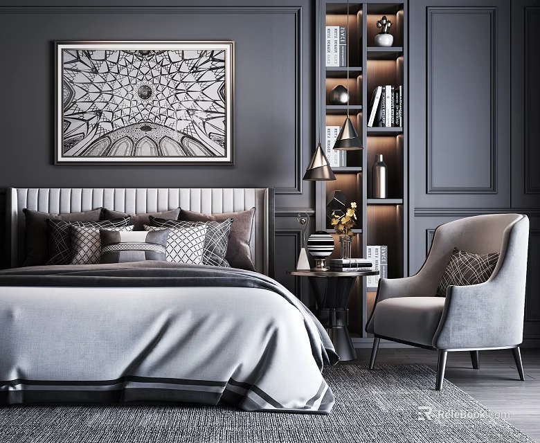 Modern Double Bed Interior With Black And White Decorative Painting Armchair And Bookshelf 3d model 