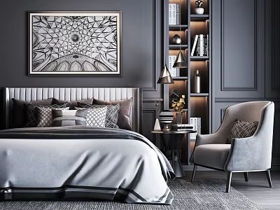 Modern Double Bed Interior With Black And White Decorative Painting Armchair And Bookshelf 3d model