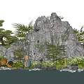 Garden Ornament Featuring Rock Formation Pine Tree Potted Plants Buddha Statue And Pond Reflections