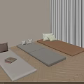 Different Colored Floor Cushions On Herringbone Wooden Floor With Window Curtains Decorative Pillows And Book